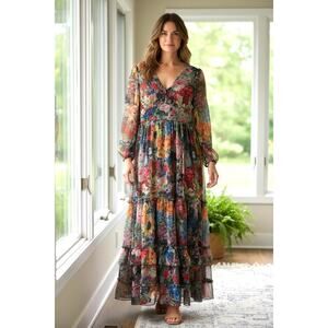 Floral Boho Dress Maxi Sheer Lined Whimsical Fairycore v-neck size XL Toleen New